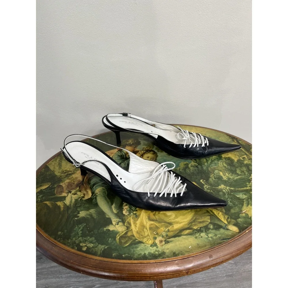 Vintage Paulette Black Leather Pointed Toe Lace Up Slingback Kitten Heels 41